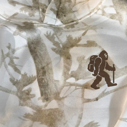 Unisex Bigfoot Embroidered Hoodie, White Oak Camo Pullover, Sasquatch Hiking Apparel