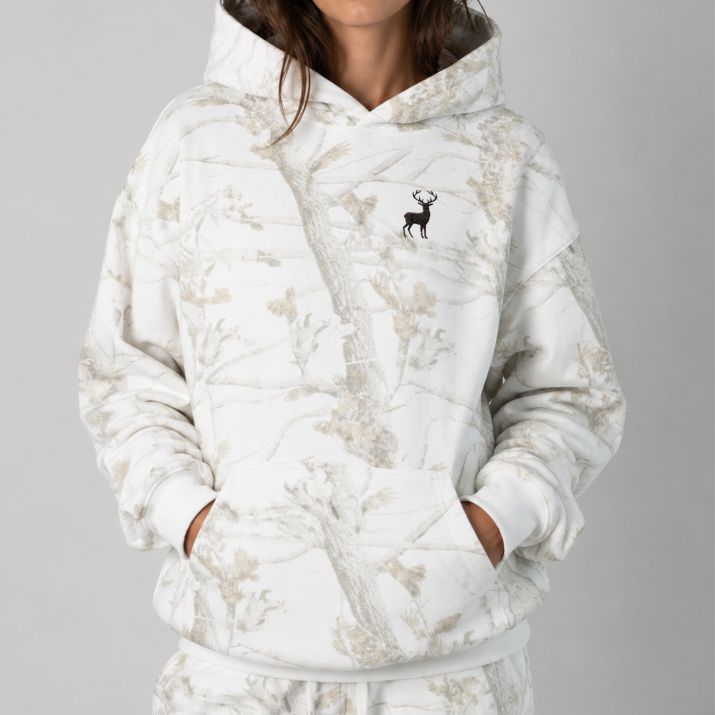 Unisex Embroidered Buck Hoodie, White Oak Camo Sweatshirt, Unisex Outdoors Apparel