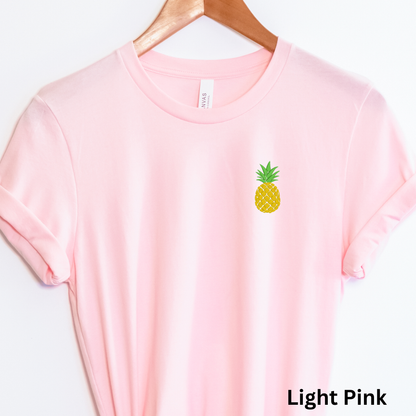 Women’s embroidered pineapple tshirt, white tropical tee, stitched pineapple shirt