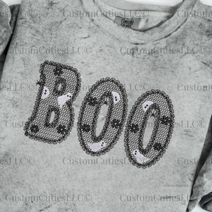 Embroidered Lacey Boo Crewneck Sweatshirt: Pigment Dyed Halloween Coquette Sweater