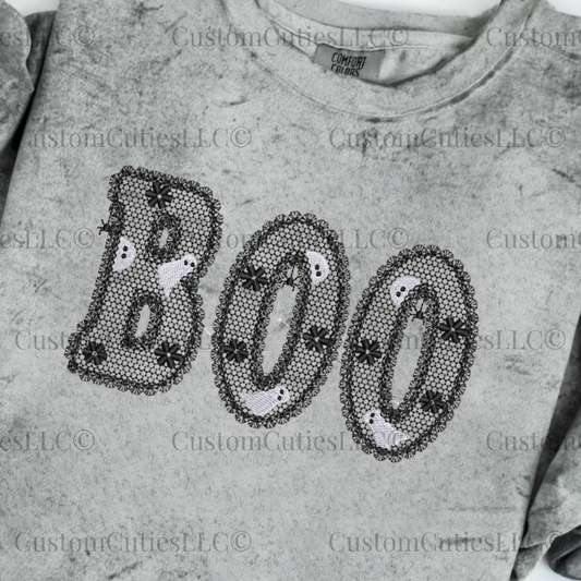 Embroidered Lacey Boo Crewneck Sweatshirt: Pigment Dyed Halloween Coquette Sweater