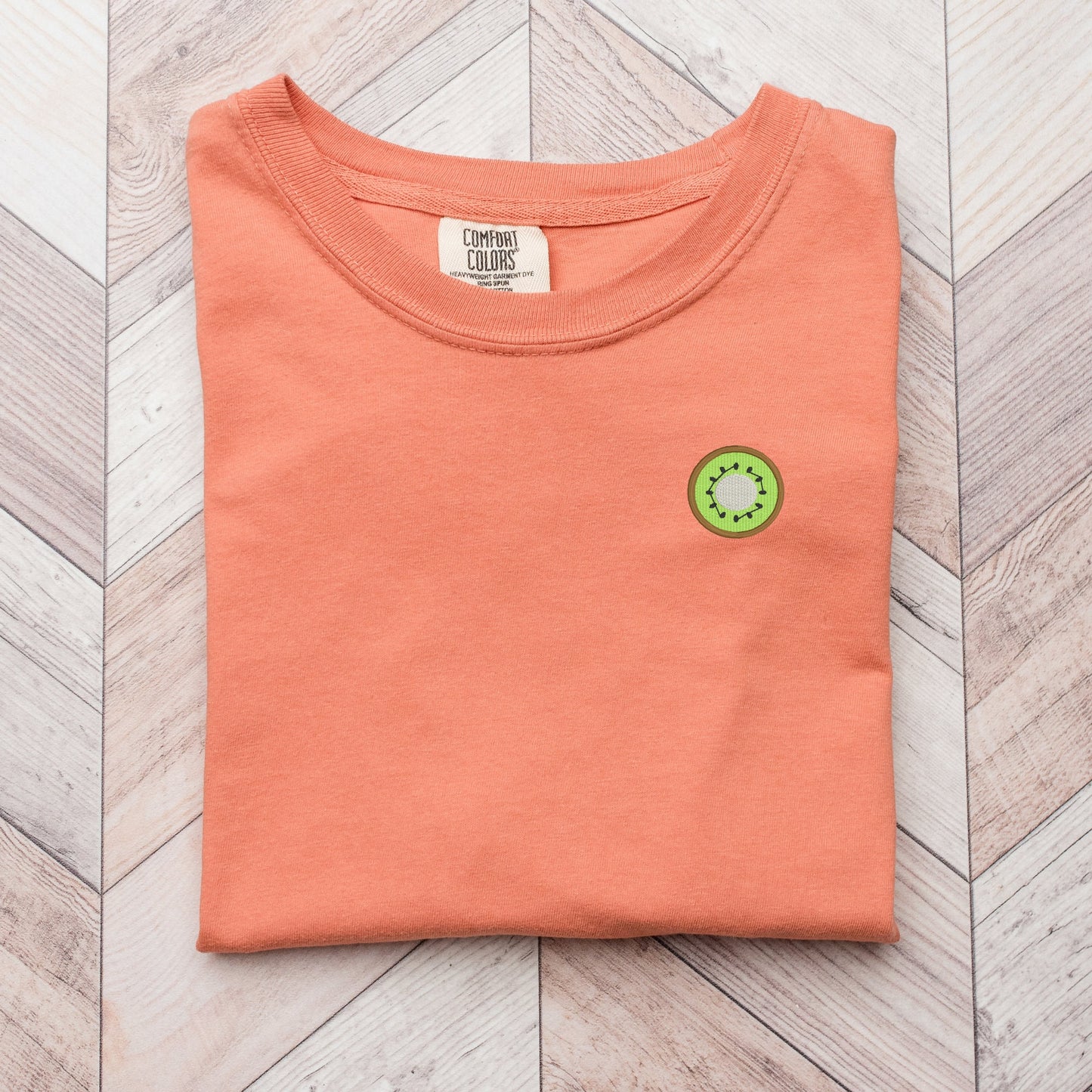Embroidered Kiwi T-shirt: Garment-Dyed Minimalist Fruit Tee