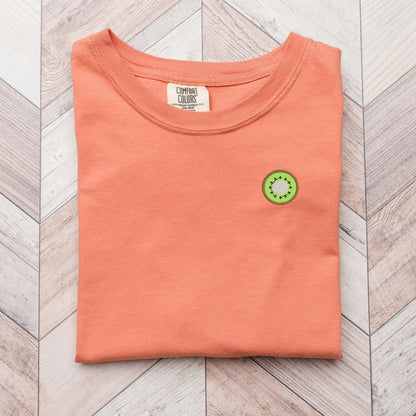 Embroidered Kiwi T-shirt: Garment-Dyed Minimalist Fruit Tee