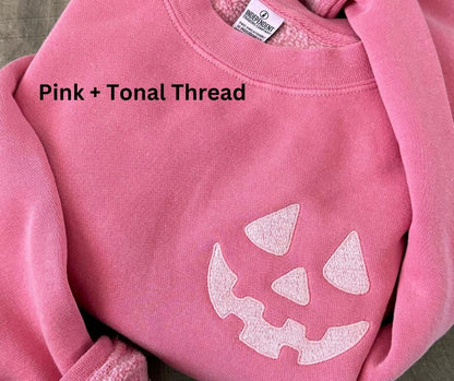Embroidered Halloween Pumpkin Face Sweatshirt: Pigment Dyed Spooky Season Pullover