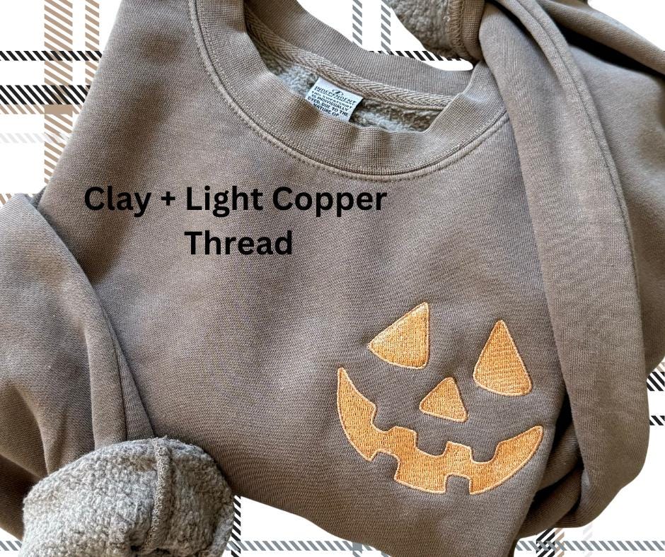 Embroidered Halloween Pumpkin Face Sweatshirt: Pigment Dyed Spooky Season Pullover