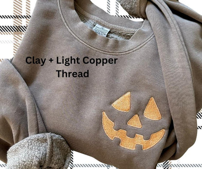 Embroidered Halloween Pumpkin Face Sweatshirt: Pigment Dyed Spooky Season Pullover