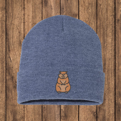 Embroidered Groundhog Beanie: Knit Woodland Animal Skull Cap