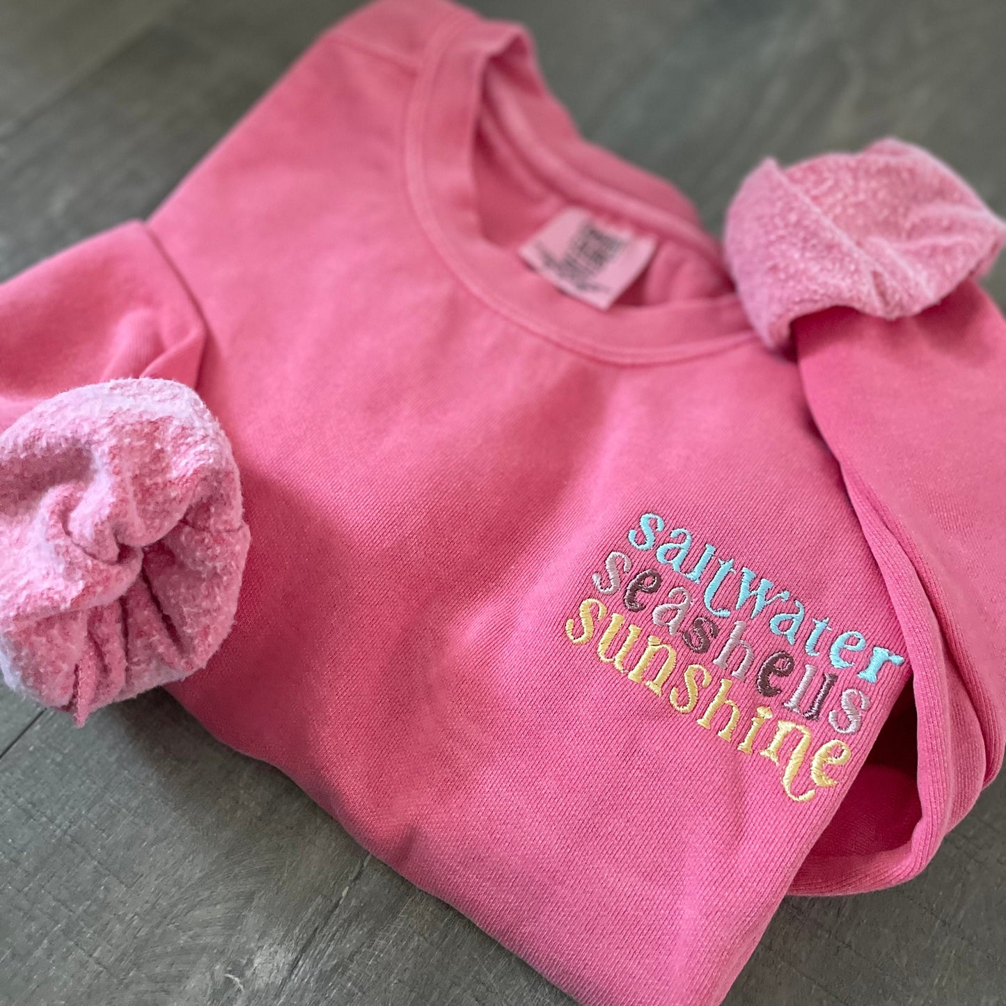 Embroidered Crewneck Sweatshirt: Saltwater, Seashells, Sunshine - Beach Apparel