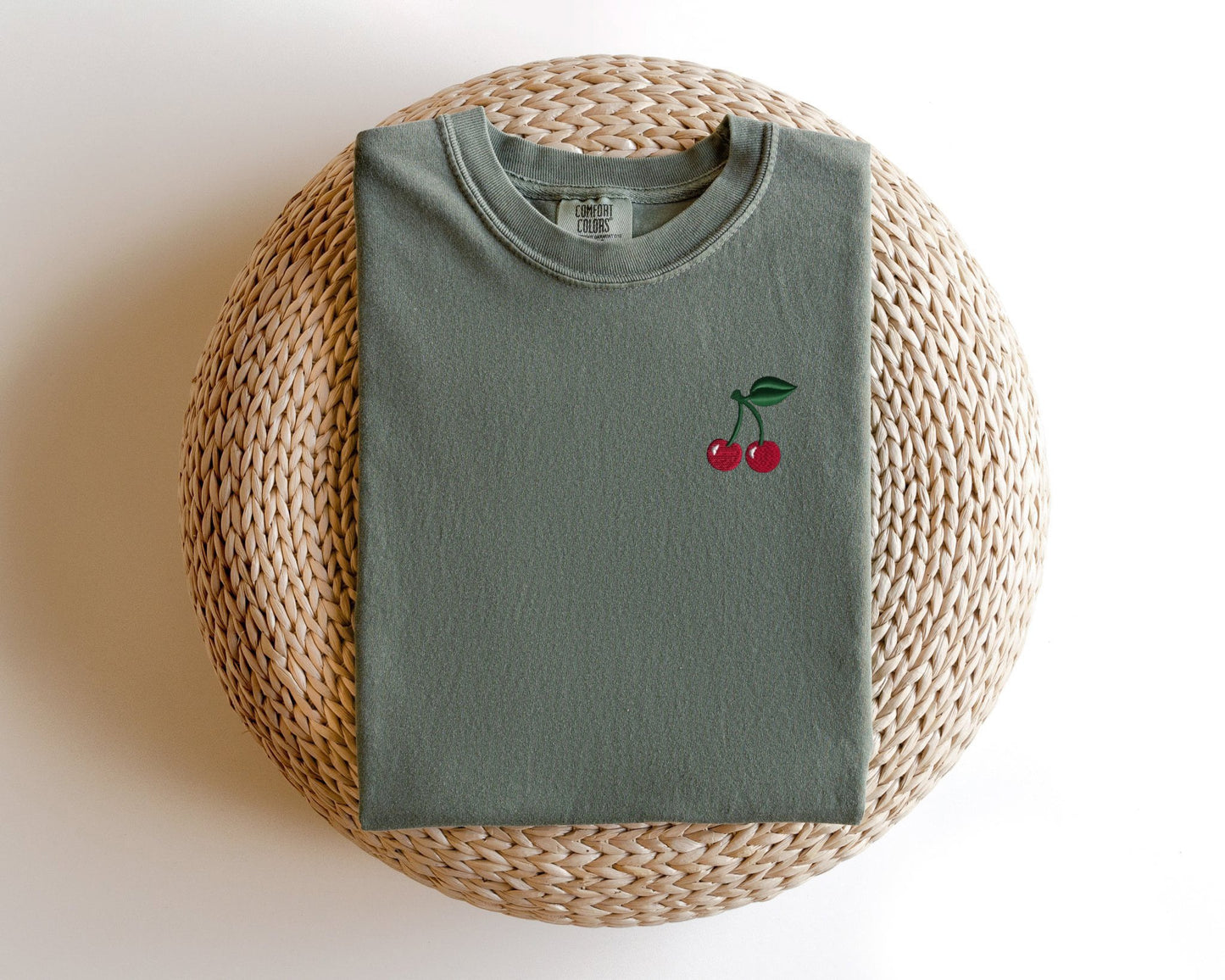 Embroidered Cherry T-Shirt: Garment Dyed Fruit Tee