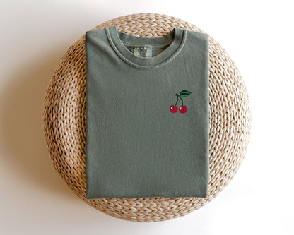 Embroidered Cherry T-Shirt: Garment Dyed Fruit Tee