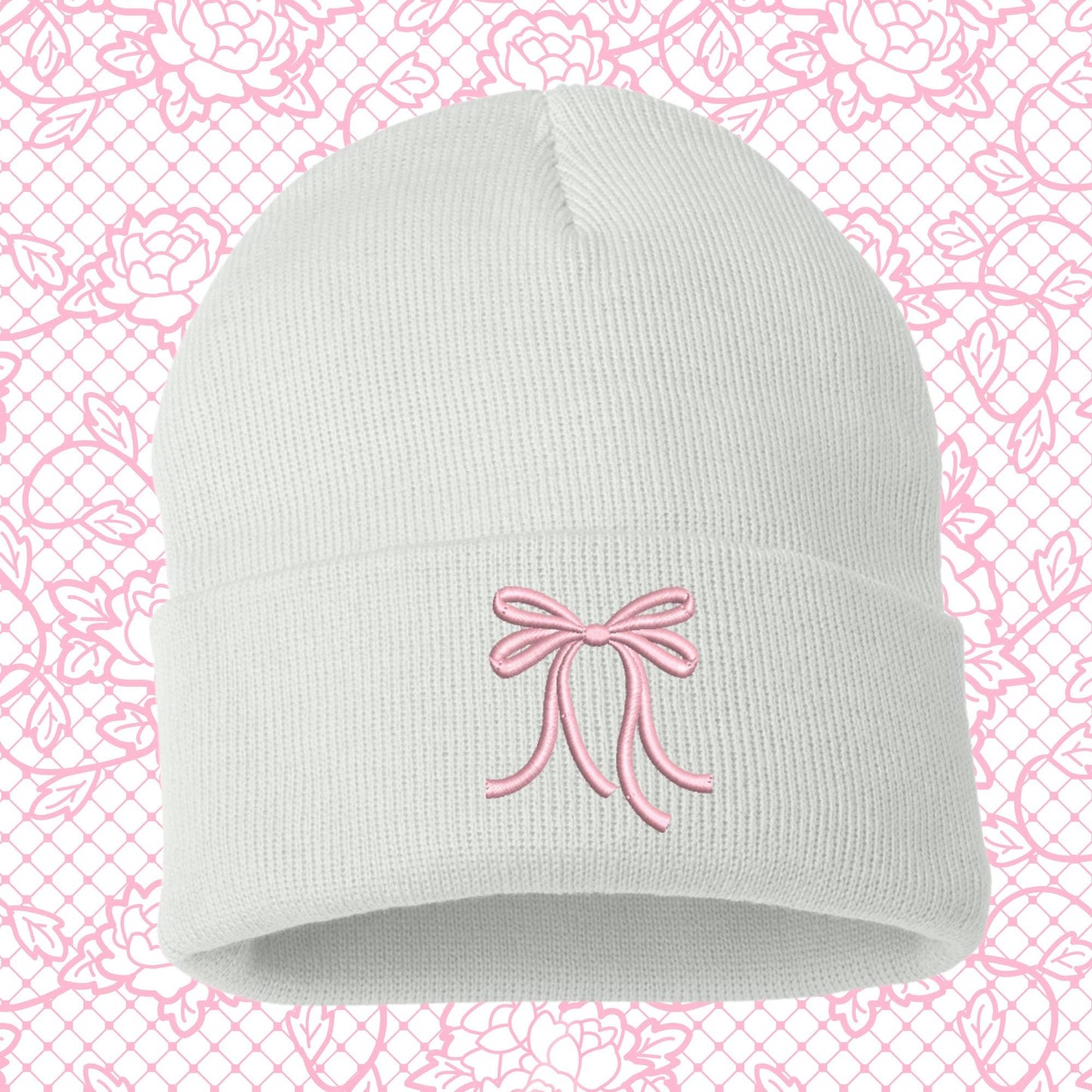 Embroidered Bow Beanie: Coquette Mini Pink Bow Skull Hat