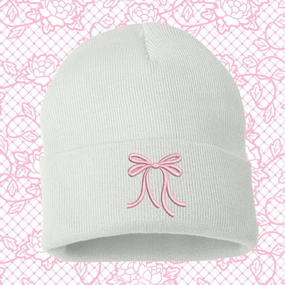 Embroidered Bow Beanie: Coquette Mini Pink Bow Skull Hat