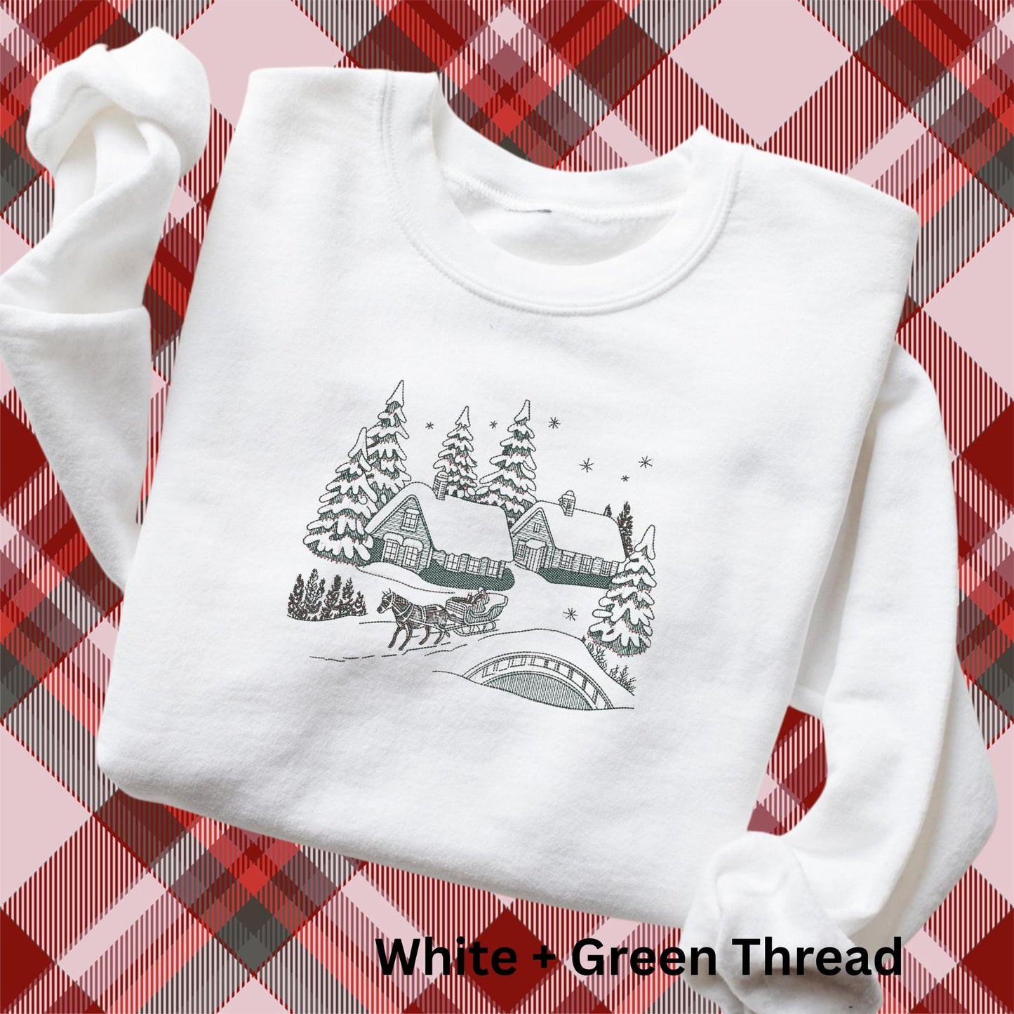Embroidered Winter Scene Crewneck Sweatshirt: Stitched Christmas Village Pigment-Dyed Pullover
