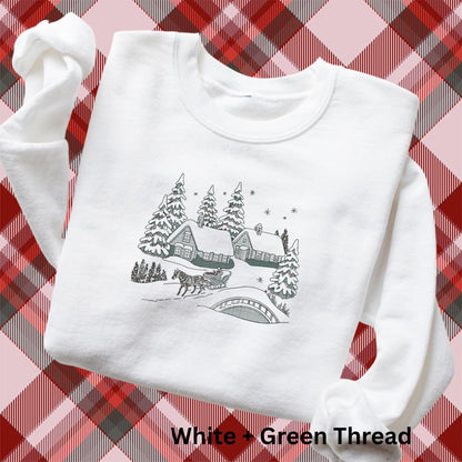 Embroidered Winter Scene Crewneck Sweatshirt: Stitched Christmas Village Pigment-Dyed Pullover
