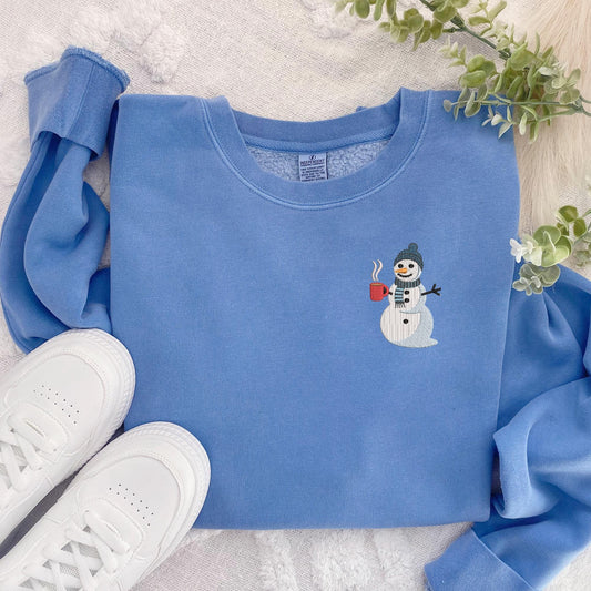 Embroidered Coffee Drinking Snowman Crewneck Sweatshirt: Trendy High Quality Pigment Dyed Pullover