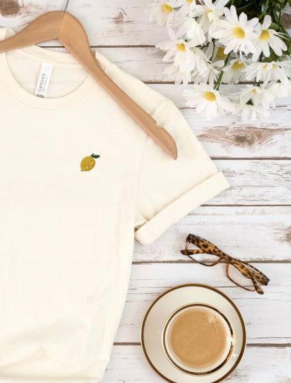 Embroidered lemon tee, Women’s mini lemon stitched tshirt, fruit shirts