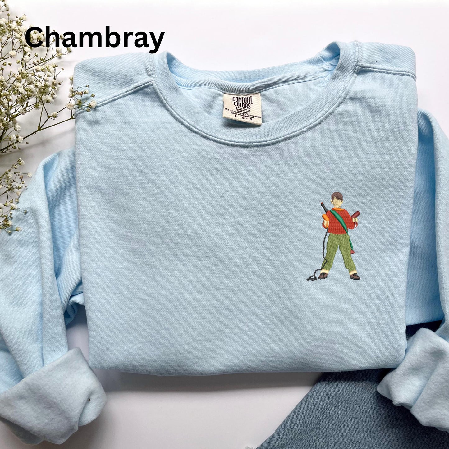 Embroidered Home Alone Movie Pigment Dyed Crewneck Sweatshirt: Minimalist Kevin Christmas Pullover