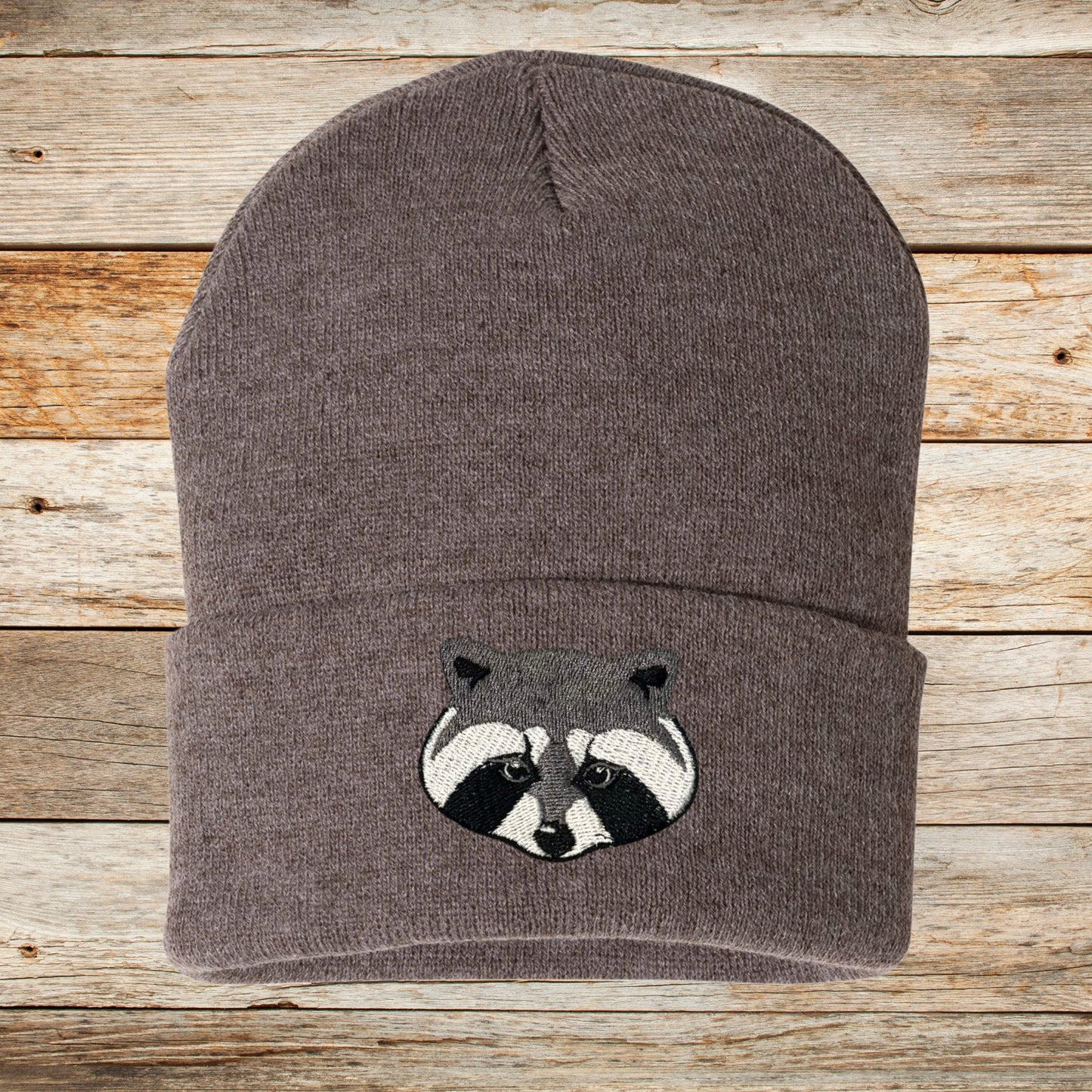 Embroidered Raccoon Beanie: Knit Wildlife Hat