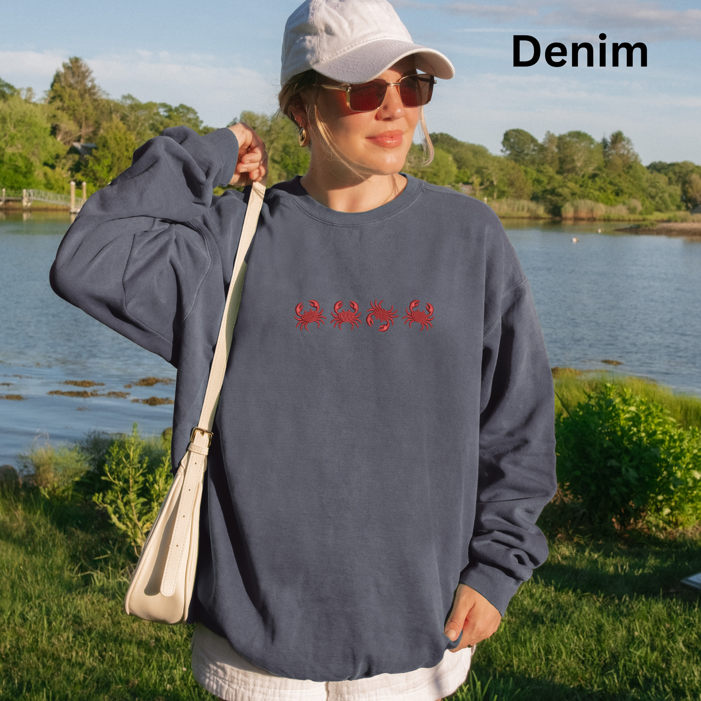 Embroidered Red Crab Pigment Dyed Crewneck Sweatshirt