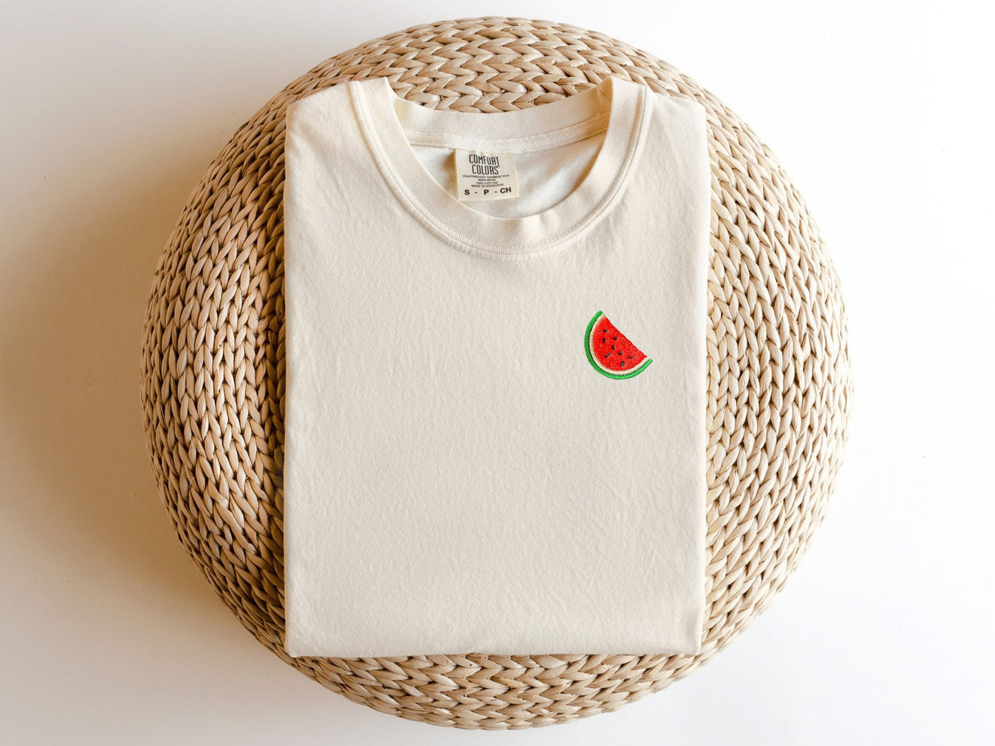 Embroidered Minimalist Watermelon T-shirt: Garment Dyed Fruit Tee