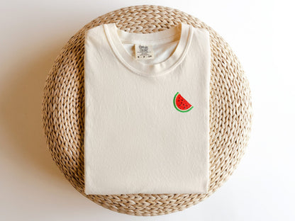 Embroidered Minimalist Watermelon T-shirt: Garment Dyed Fruit Tee