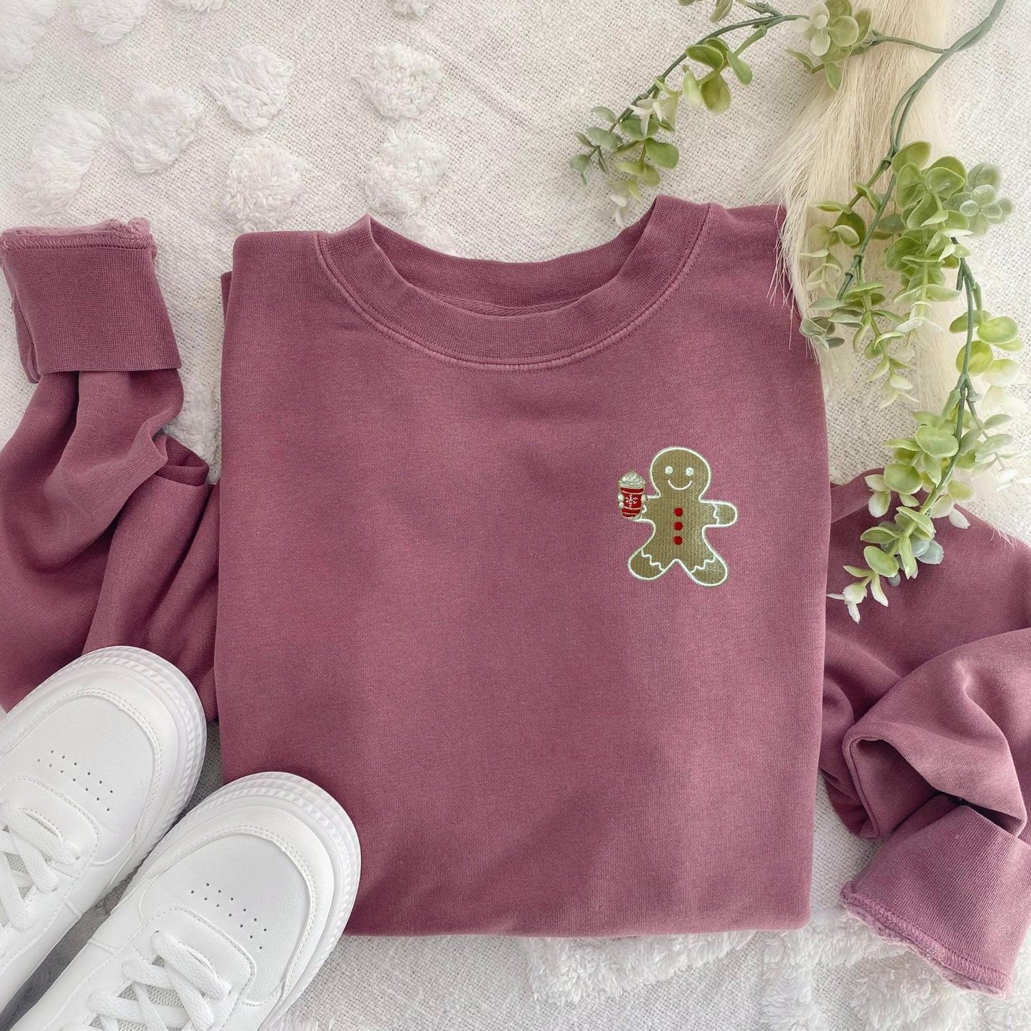 Embroidered Coffee Drinking Gingerbread Cookie Sweatshirt: High Quality Pigment Dyed Christmas Pullover