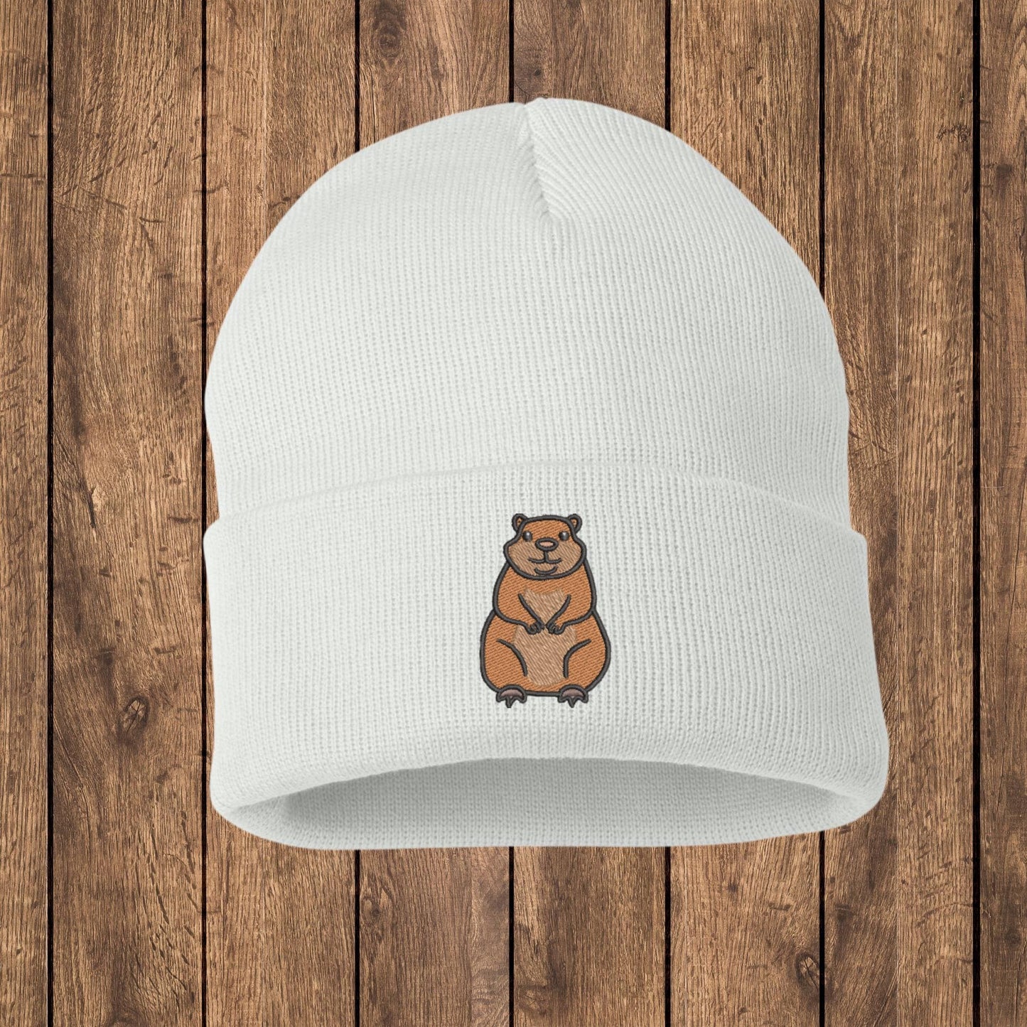 Embroidered Groundhog Beanie: Knit Woodland Animal Skull Cap