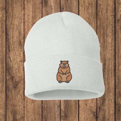 Embroidered Groundhog Beanie: Knit Woodland Animal Skull Cap