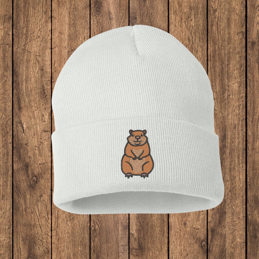 Embroidered Groundhog Beanie: Knit Woodland Animal Skull Cap