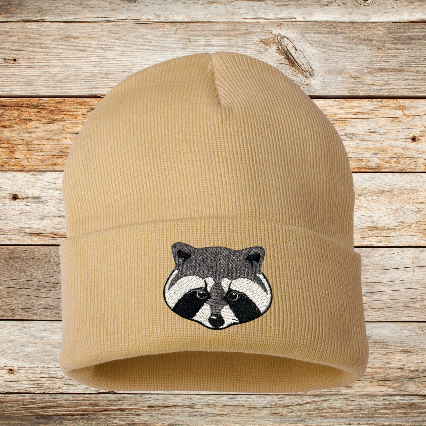 Embroidered Raccoon Beanie: Knit Wildlife Hat