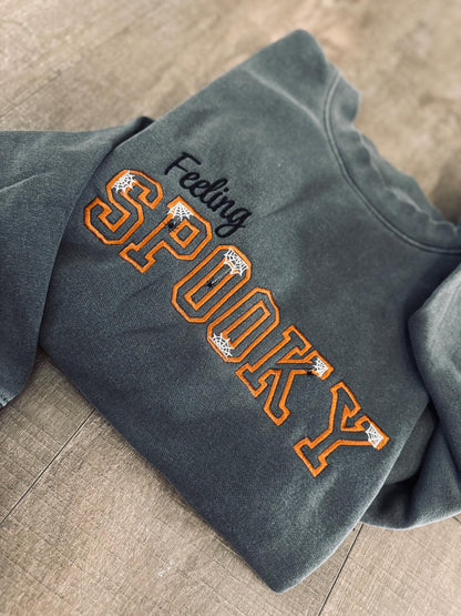 Embroidered Feeling Spooky Pigment Dyed Halloween Crewneck Sweatshirt: Choose Cat or Ghost Sleeve Design