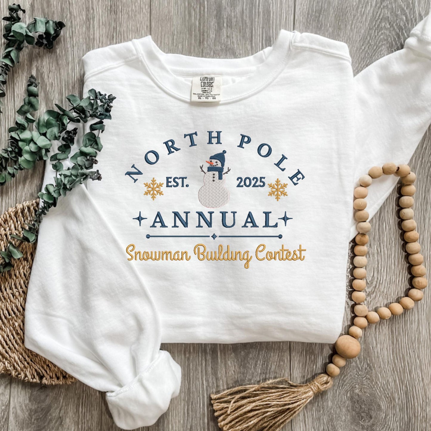 Embroidered Snowman Sweatshirt: Pigment-Dyed North Pole Contest Pullover