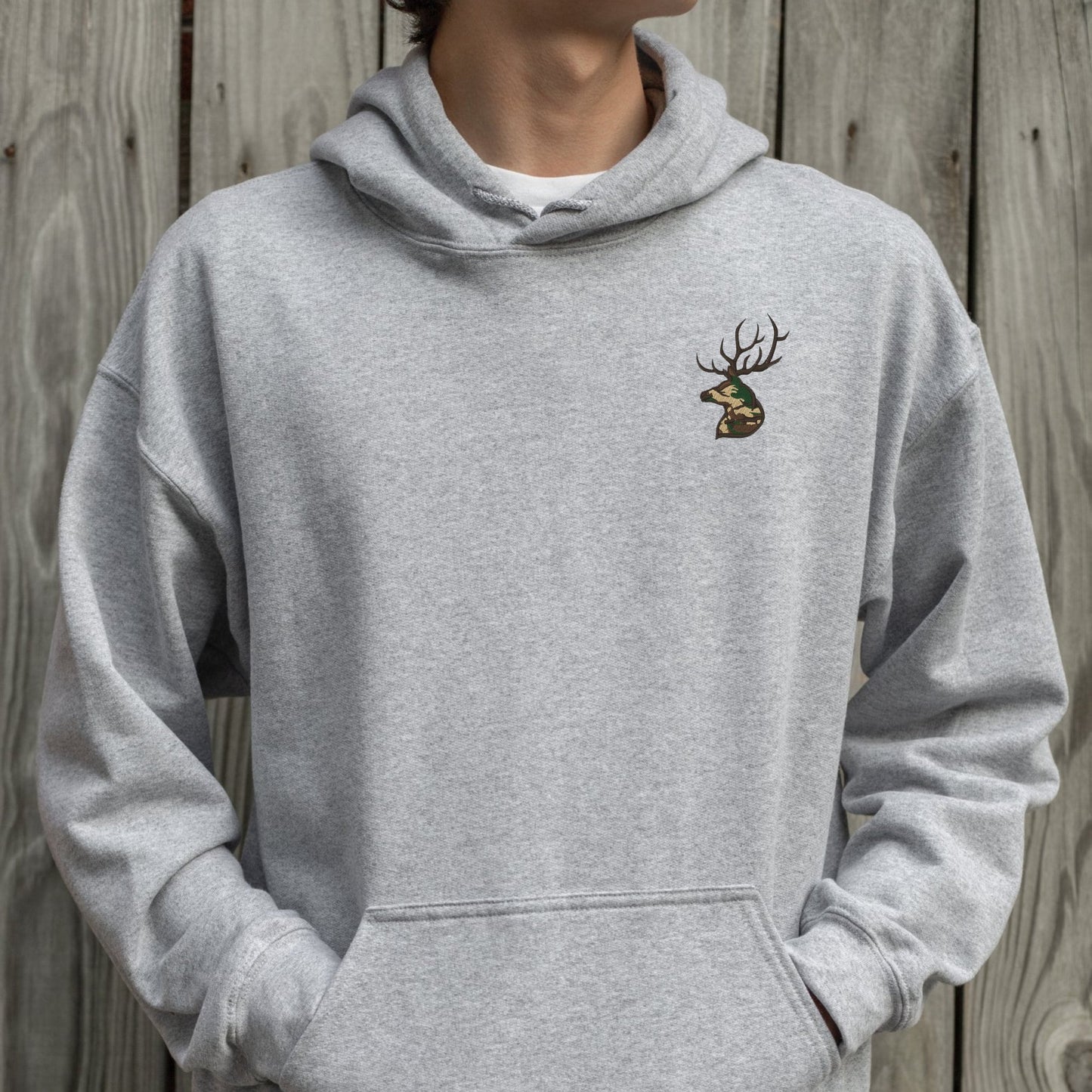 Embroidered Hunting Camo Deer Hoodie: Buck Pullover
