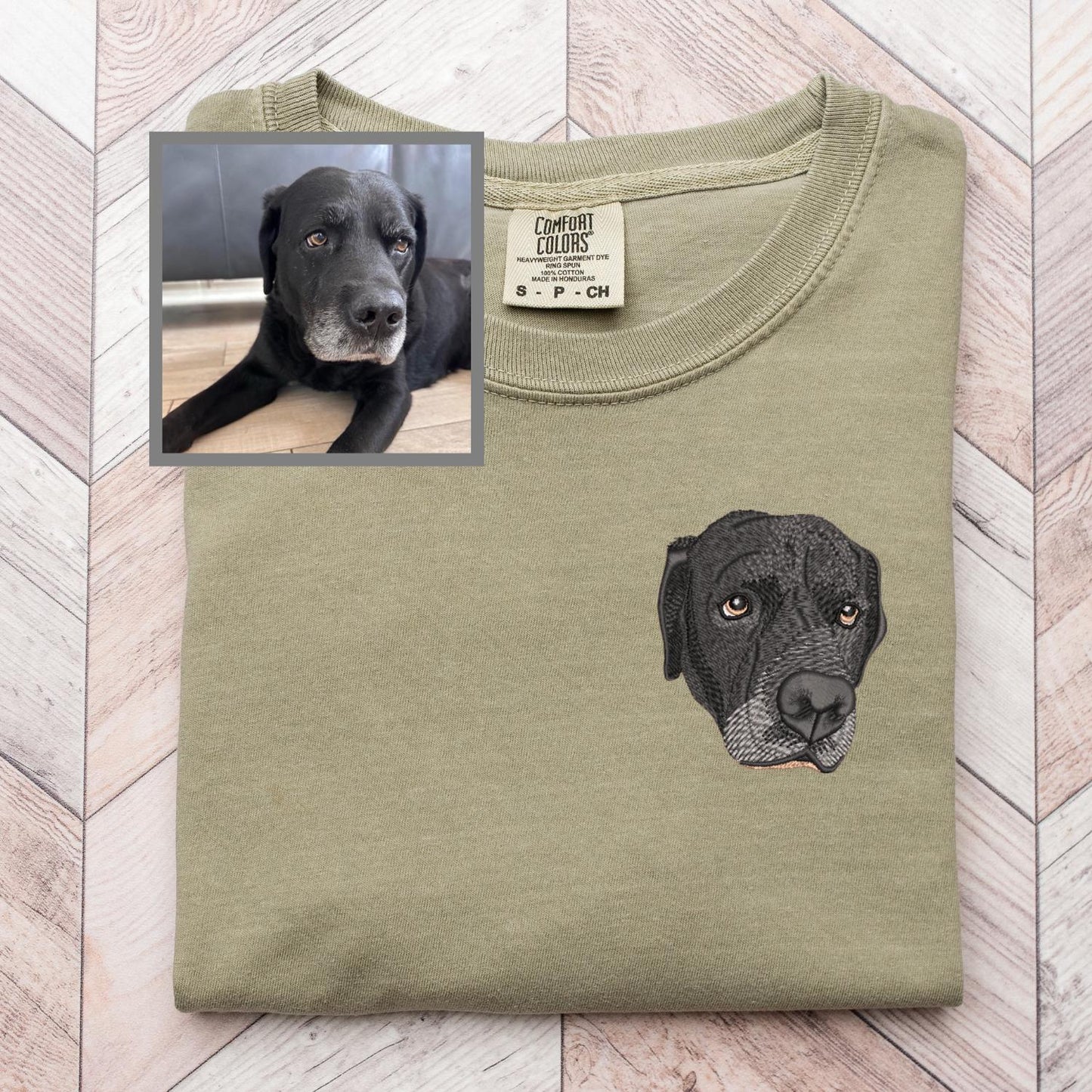Custom Embroidered Pigment Dyed Pet T-Shirt: Your Pet Embroidered on a Tee