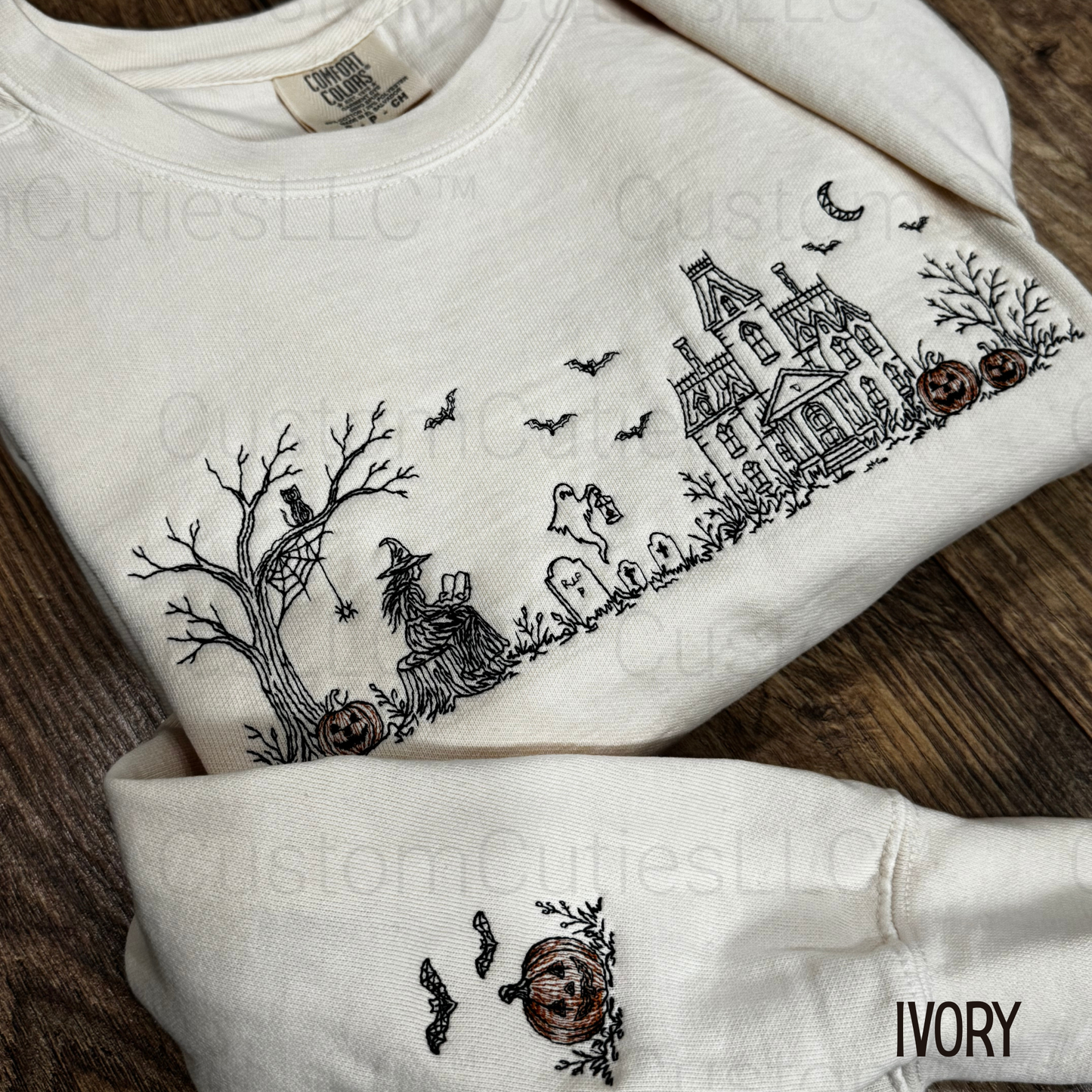 Embroidered Haunted Manor Halloween Crewneck Sweatshirt: Pigment Dyed Sketched Line Art Pullover