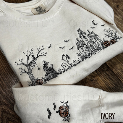 Embroidered Haunted Manor Halloween Crewneck Sweatshirt: Pigment Dyed Sketched Line Art Pullover