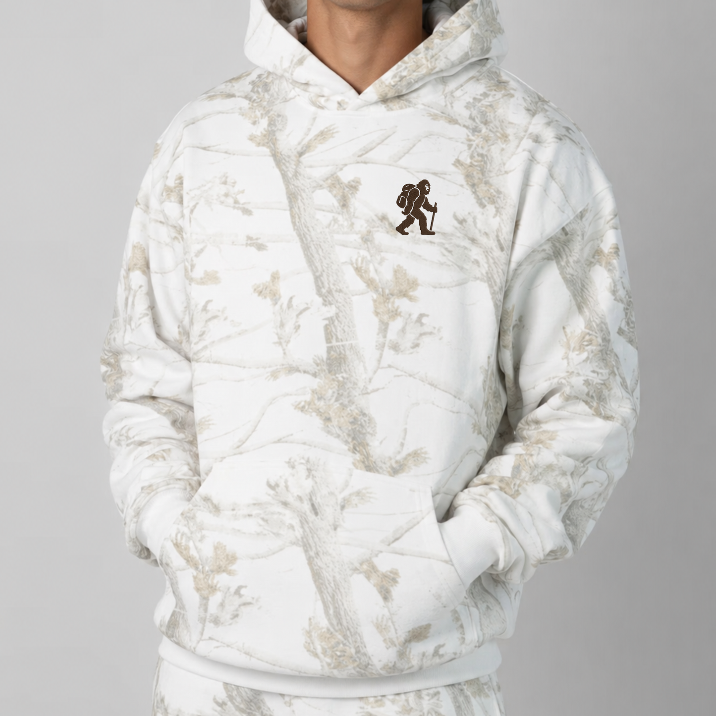 Unisex Bigfoot Embroidered Hoodie, White Oak Camo Pullover, Sasquatch Hiking Apparel