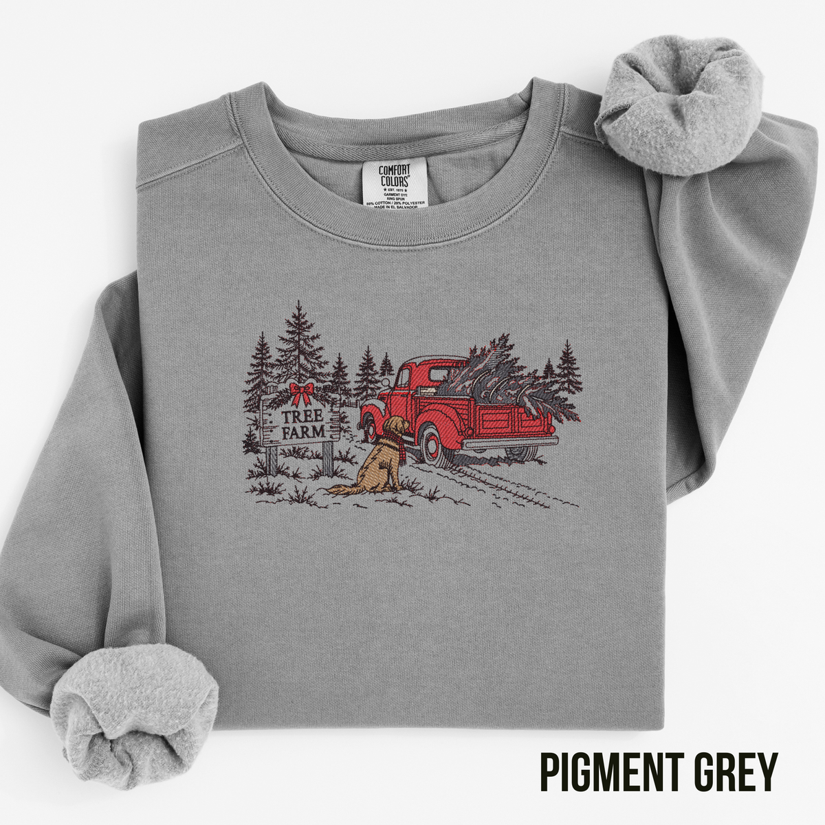 Embroidered Christmas Tree Farm Line Art Crewneck Sweatshirt: Pigment Dyed Comfort Colors