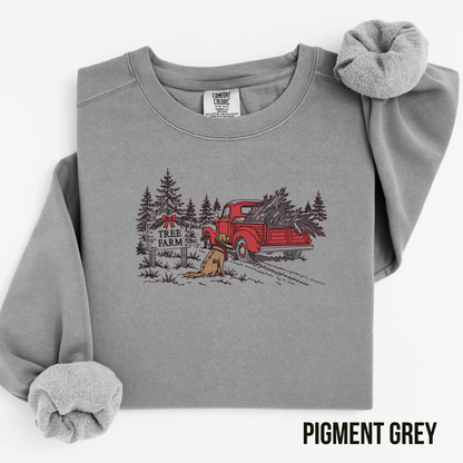 Embroidered Christmas Tree Farm Line Art Crewneck Sweatshirt: Pigment Dyed Comfort Colors
