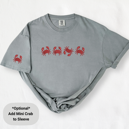 Embroidered Red Crab Pigment Dyed T-Shirt: Coastal Preppy Summer Tee