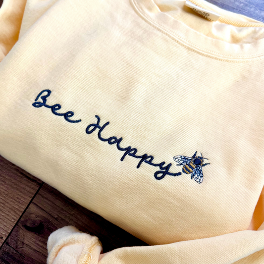 Embroidered Bee Happy Varsity Crewneck Sweatshirt: Pigment-Dyed Cotton Cottagecore Pullover