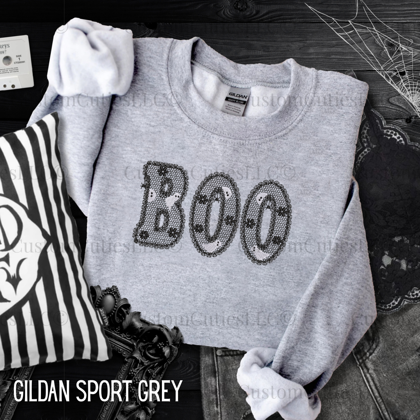Embroidered Lacey Boo Crewneck Sweatshirt: Pigment Dyed Halloween Coquette Sweater
