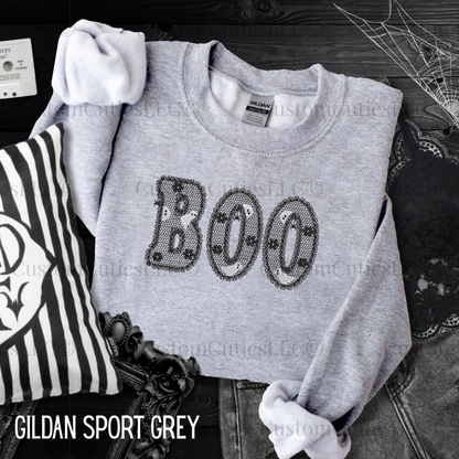 Embroidered Lacey Boo Crewneck Sweatshirt: Pigment Dyed Halloween Coquette Sweater