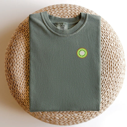 Embroidered Kiwi T-shirt: Garment-Dyed Minimalist Fruit Tee