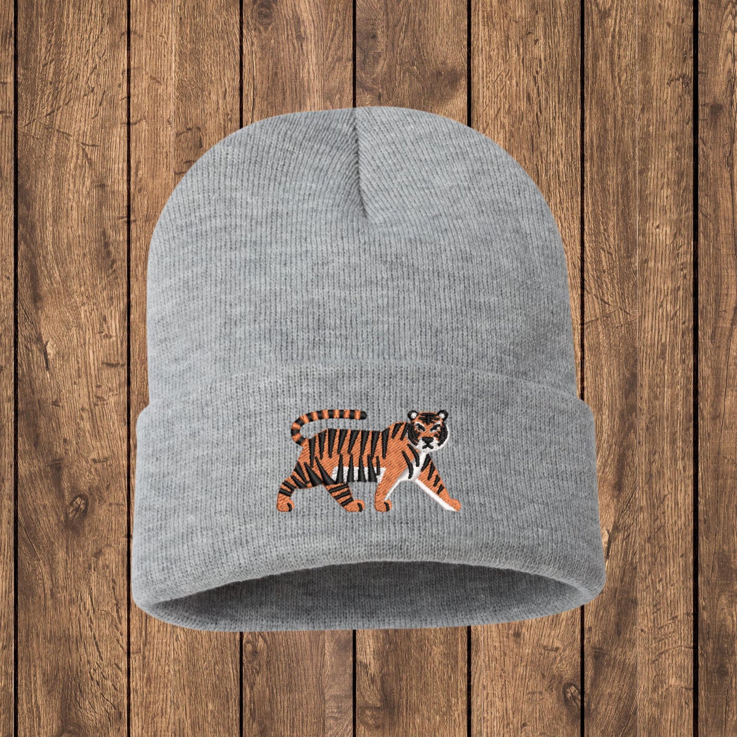 Embroidered Tiger Beanie: Jungle Cat Knit Hat