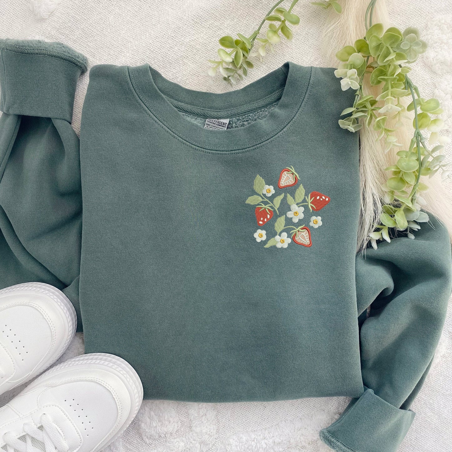 Embroidered Strawberry Field Sweatshirt: Pigment Dyed Crewneck Pullover