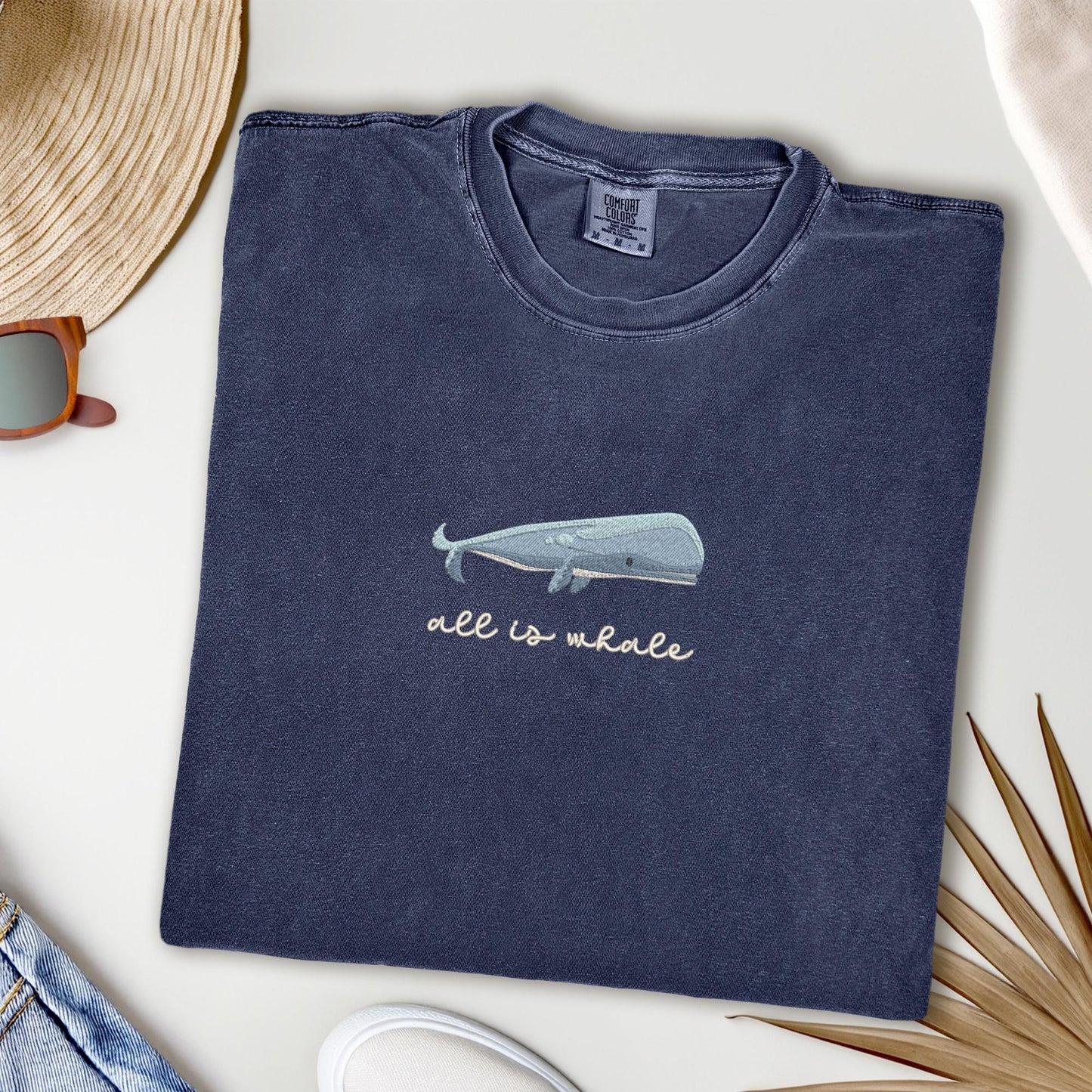 Embroidered Nautical Blue Whale T-Shirt: Pigment-Dyed Coastal Tee
