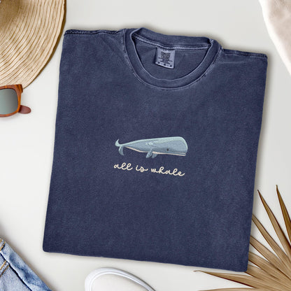Embroidered Nautical Blue Whale T-Shirt: Pigment-Dyed Coastal Tee