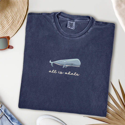 Embroidered Nautical Blue Whale T-Shirt: Pigment-Dyed Coastal Tee