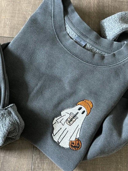 Embroidered Coffee Drinking Ghost Sweatshirt: Pigment-Dyed Halloween Pullover